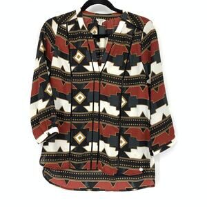 Guess 3/4 Sleeve Split Neck Blouse Womens Size Small Rd Black Tribal Print
